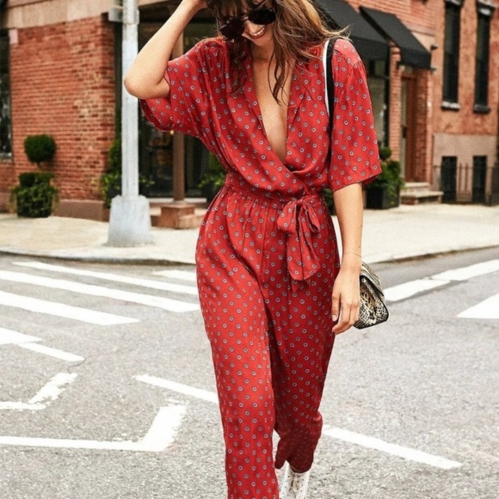 Urban Outfitters Red Printed Wrap Jumpsuit